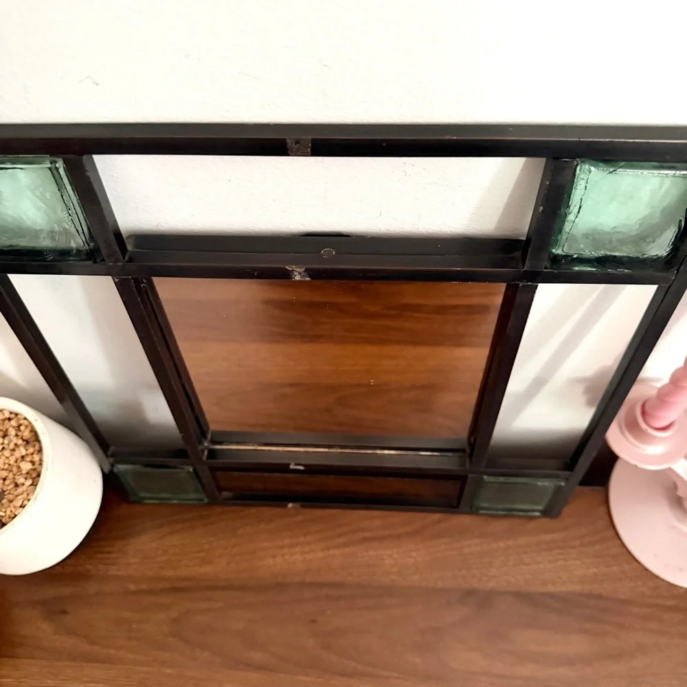 Vintage Blue Stained Glass Square Mirror Heavy Wrought Iron Made in Mexico 14”